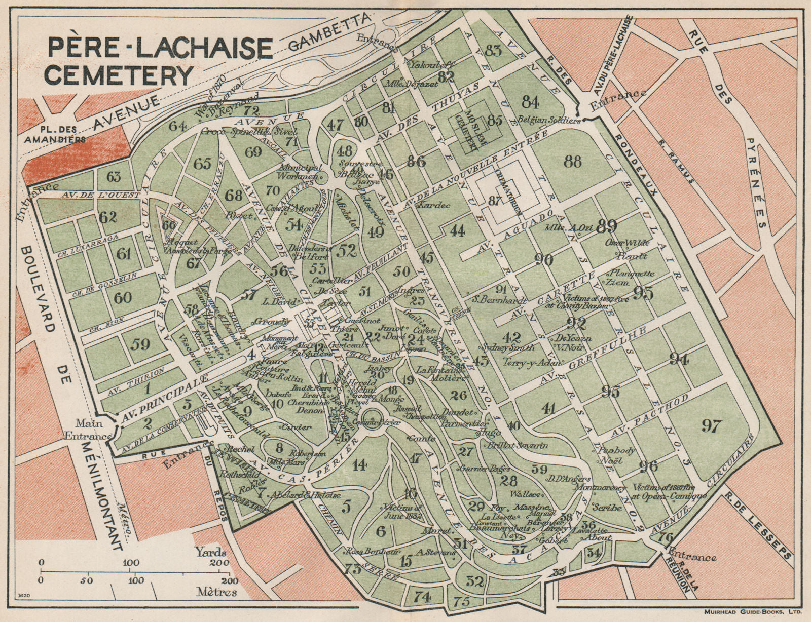 CIMETIÈRE DU PÈRE-LACHAISE. Vintage map plan. Pere-Lachaise cemetery. Paris 1927